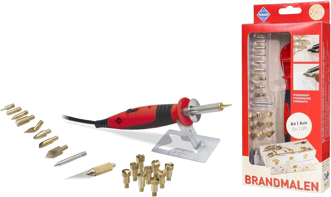 Pebaro 0262 Brandmalkolben mit An/Aus-Funktion, 9 Brennstempel, 9 Spitzen, Lötspitze, Styropormesser