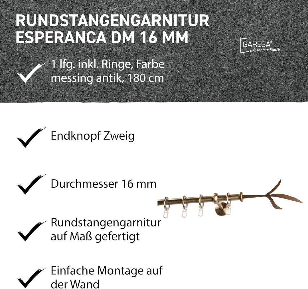 Garesa Gardinenstange Esperanca Ø 16mm, 1-läufig, Messing, antik I Rustikale Vorhangstange inkl. Rin