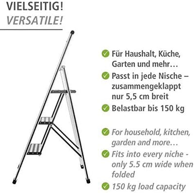 WENKO Leichte Aluminium Trittleiter mit 3 Stufen für 75 cm höheren Stand, rutschsichere XXL-Stufen,