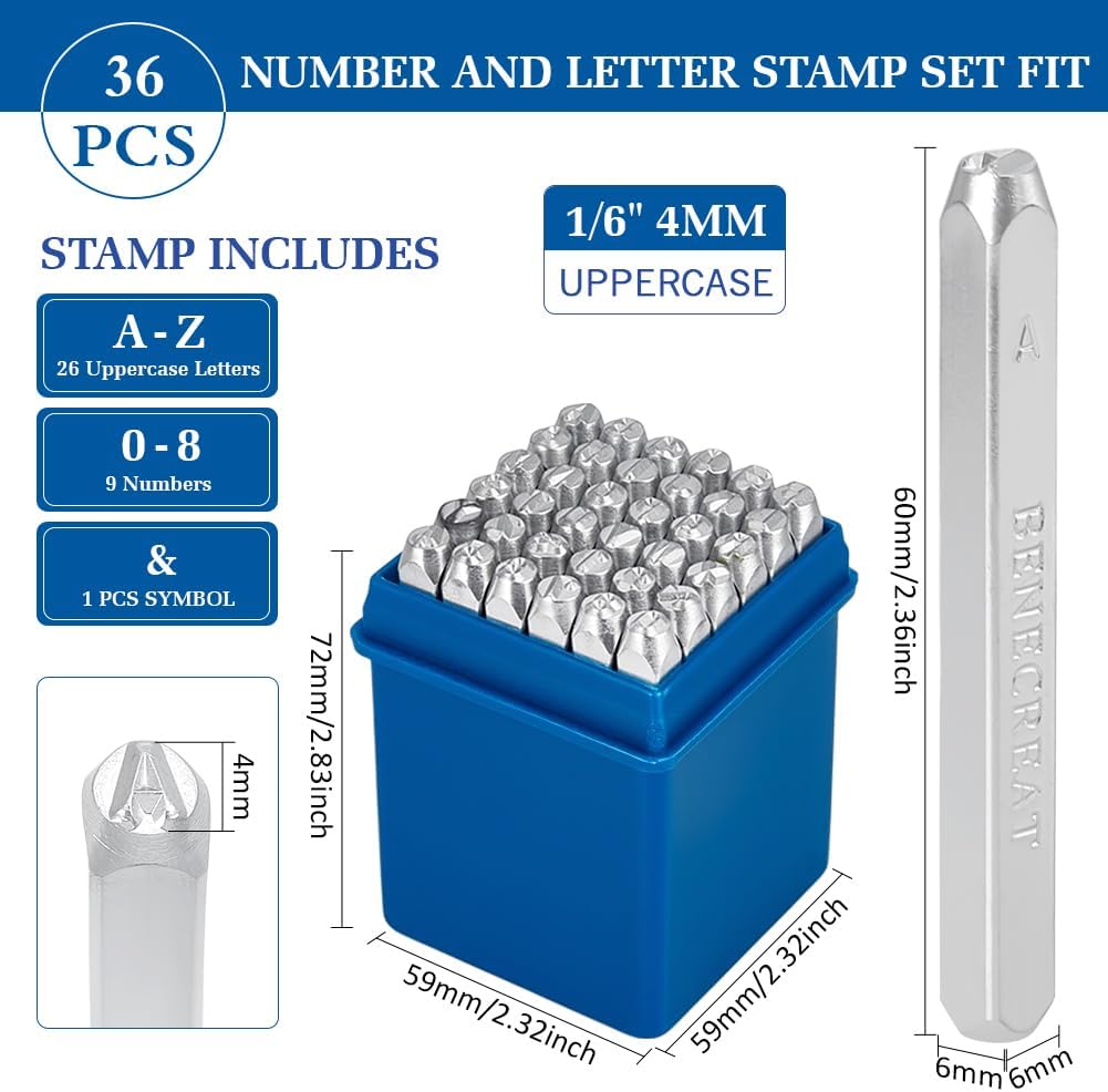 BENECREAT 36PCS 4mm Buchstaben und Zahlenmetallstempelset Mattstahlstahlstempel mit A-Z, 0-8, kaufmä