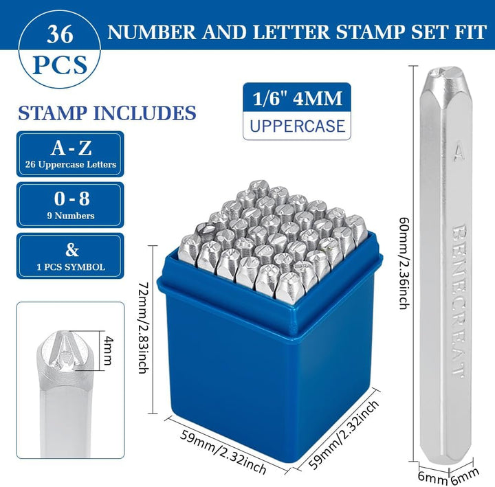 BENECREAT 36PCS 4mm Buchstaben und Zahlenmetallstempelset Mattstahlstahlstempel mit A-Z, 0-8, kaufmä