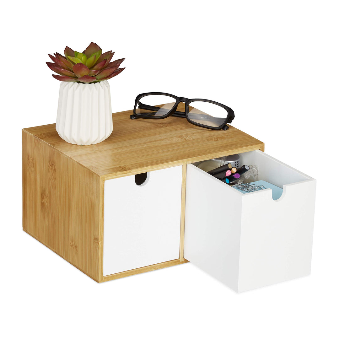 Relaxdays Schreibtisch Organizer, 2 Schubfächer, Bambus & MDF, Aufbewahrungsbox Büro, HxBxT: 14,5 x