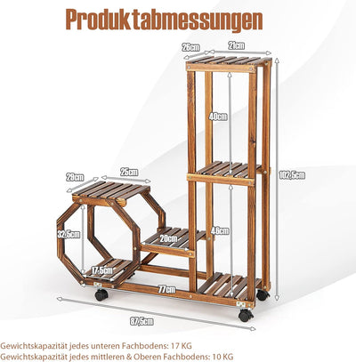 COSTWAY Pflanzenregal Blumenregal, Blumenständer auf Rollen, Garten Blumentreppe Holz, Pflanzentrepp