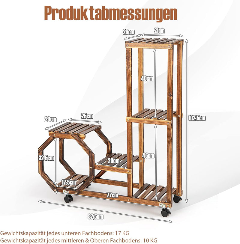 COSTWAY Pflanzenregal Blumenregal, Blumenständer auf Rollen, Garten Blumentreppe Holz, Pflanzentrepp