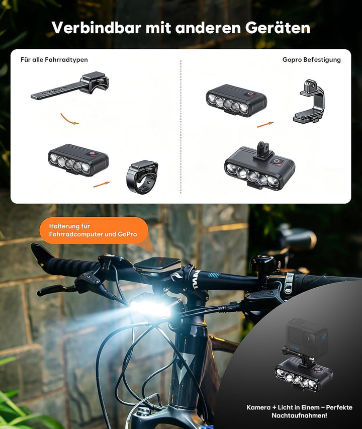 Fahrradlicht Set mit Halterung für GoPro/Fahrradcomputer, StVZO Zulassung, USB-C Wiederaufladbare Bl