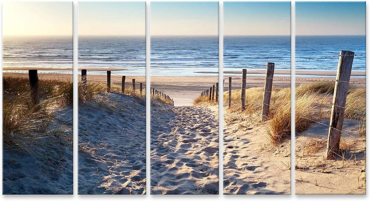 Bild Bilder auf Leinwand Weg zum Nordseestrand im Goldsonnenuntergang-Sonnenschein Nord-Holland die