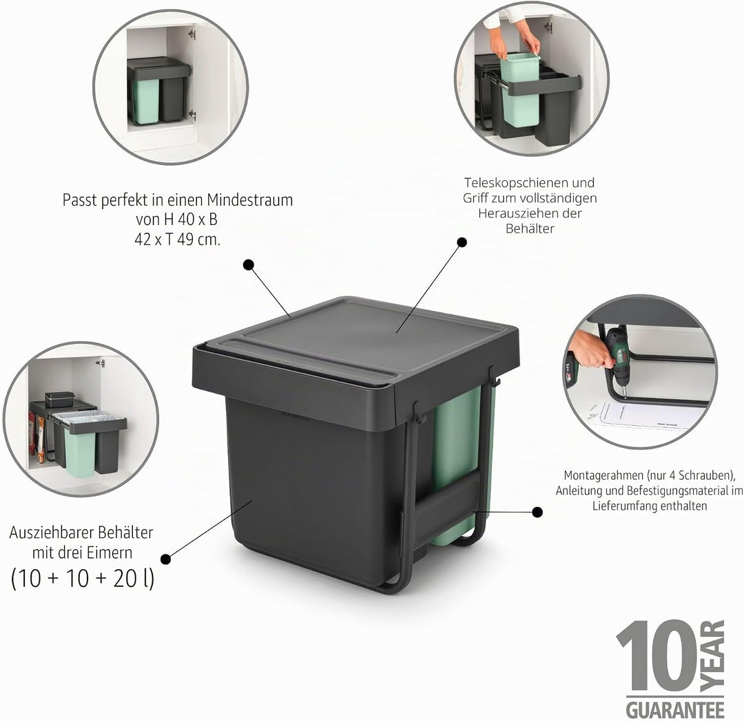 Brabantia Sort & Go Ausziehmülleimer | 10+10+20 l Einbaumülleimer für die Unterschranktür | Integrie