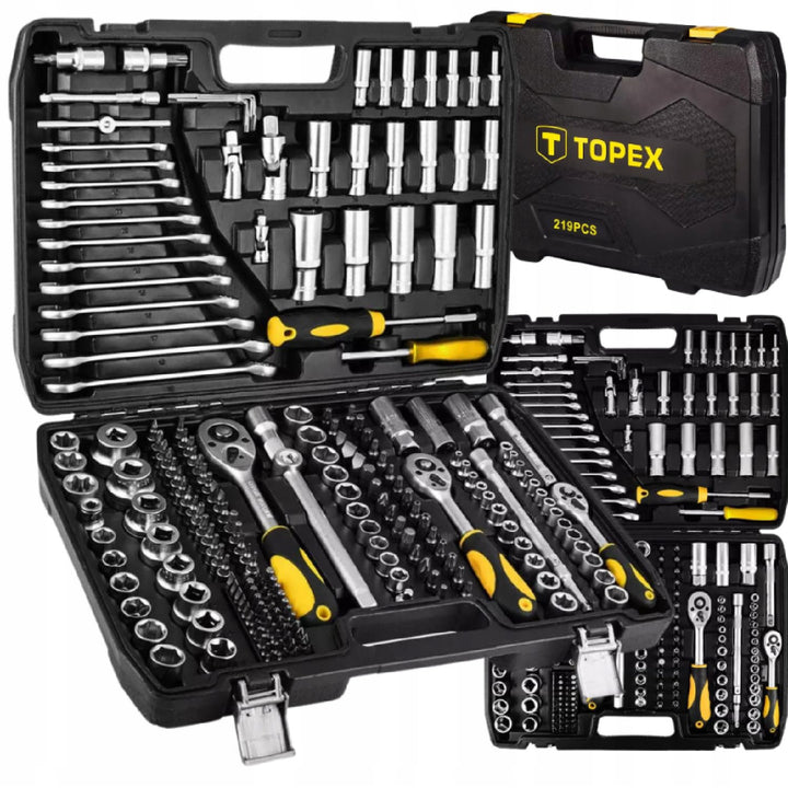 TOPEX Werkzeugkoffer 219-tlg: 1/2", 3/8", 1/4" Nüsse, Ratschen, Bits, Knarrenkasten, Für Kfz, Werkst