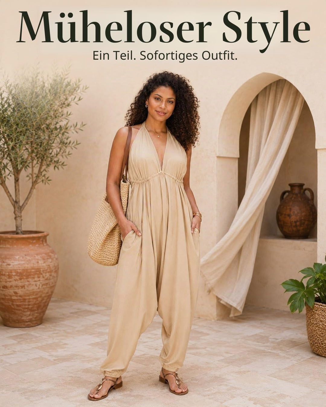 likemary Jumpsuit Damen Sommer – Luftiger Neckholder Overall mit Taschen – Boho Einteiler Damen mit