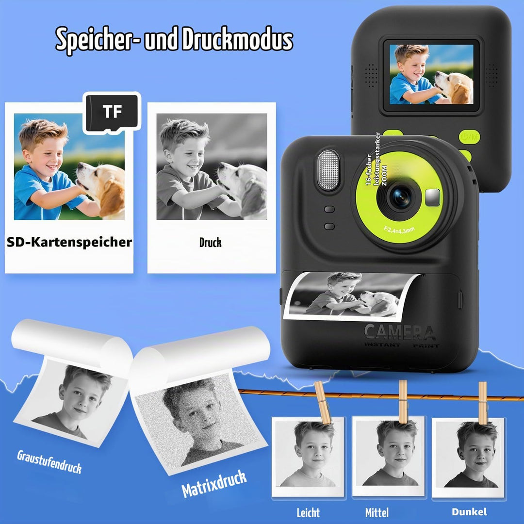 Kinder Sofortbildkamera 1080P HD mit microSD-Karte &amp; Fotopapier – Kinderkamera Digitale Videokamera