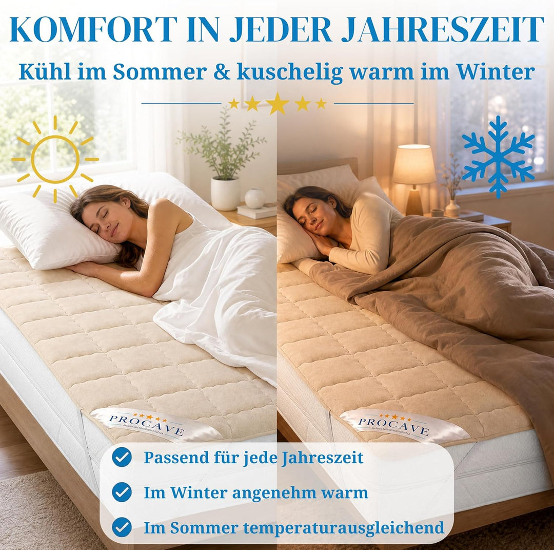 PROCAVE weiches Unterbett aus Schurwolle, atmungsaktiver Matratzen-Schoner, Matratzenbezug mit 4 Eck