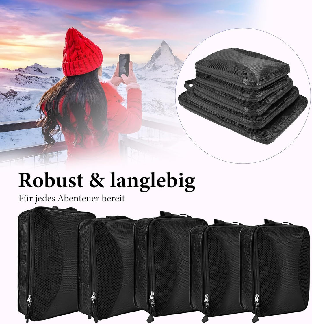 Koffer Organizer Set Kompression 8-teilig – Platzsparende Packwürfel mit Doppelreissverschluss – Was