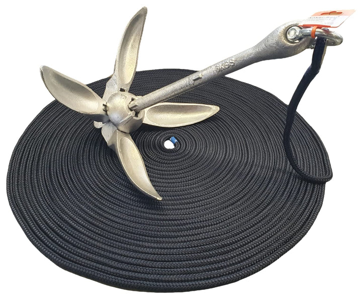 Seilflechter - Ankerset inkl. Festmacher 10 mm Ø, 30m Länge, 6kg Klappanker, 12mm Schäkel, rostfreie