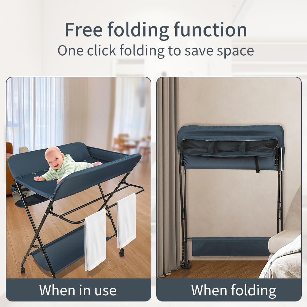 Baby Wickelkombi - klappbare Wickelkommode, mobiler Wickeltisch mit Wickelauflage, Sicherheitsgurt u