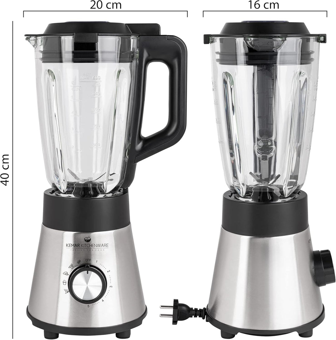 KeMar Standmixer 2-in-1 Edelstahl silber - 1,5l Glasbehälter 5 Programme 1000W abnehmbare Klinge - S