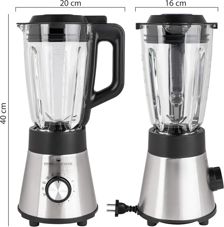 KeMar Standmixer 2-in-1 Edelstahl silber - 1,5l Glasbehälter 5 Programme 1000W abnehmbare Klinge - S