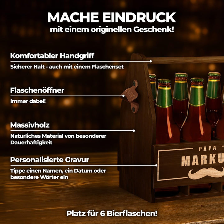 Maverton Bierträger für 6 Flaschen 0,5L + Gravur - Männerhandtasche mit Flaschenöffner - Grösse: 25x