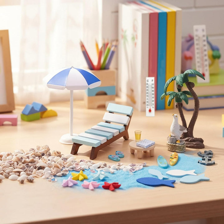 22 Stück Strand Mikrolandschaft, Strand Deko Miniatur Set, Mini Liegestuhl Kleine Tisch Schirm Palme