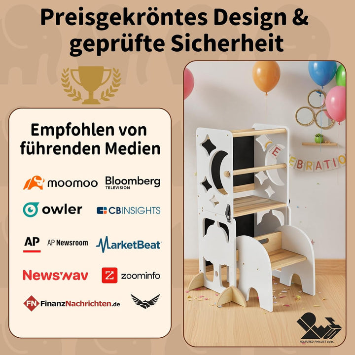 COSYLAND Lernturm ab 1 Jahr, klappbar – 4in1 Lernturm Kinder mit Doppeltafel, Stehhilfe & Schreibtis