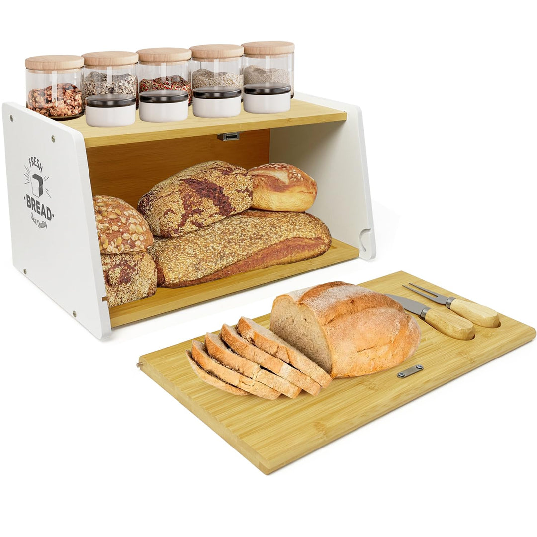MinBoo Bambus-Brotbox für Küchenarbeitsplatte, mit Schneidebrett und Messer, Brotbehälter, Brotbehäl
