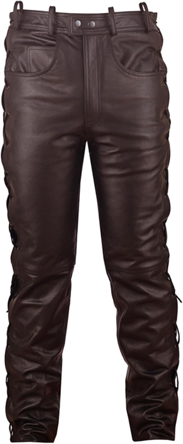 German Wear Lederhose lederjeans bikerjeans Büffelleder seitlich geschnürt Schwarz L Braun, L Braun