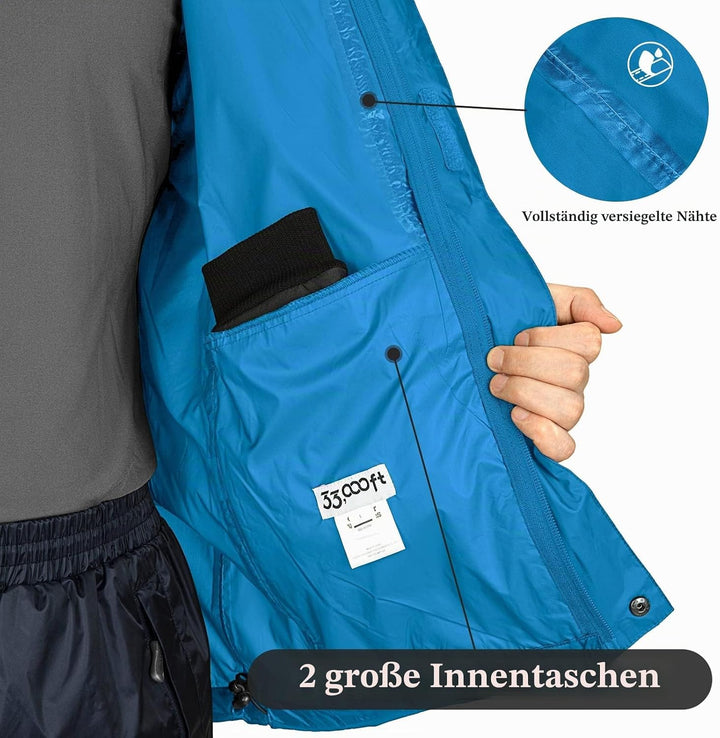 33,000ft Regenjacke Herren Leicht Wasserdicht Faltbare Regenmantel mit Kapuze Fahrrad Rain Windbreak