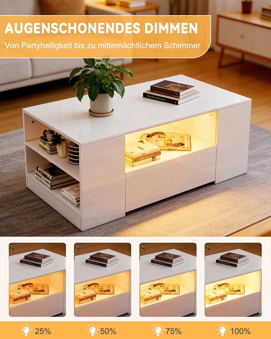 LED Couchtisch Wohnzimmertisch mit Regal Hochglanz Modern Beistelltisch Kaffeetisch mit 2 Schubladen