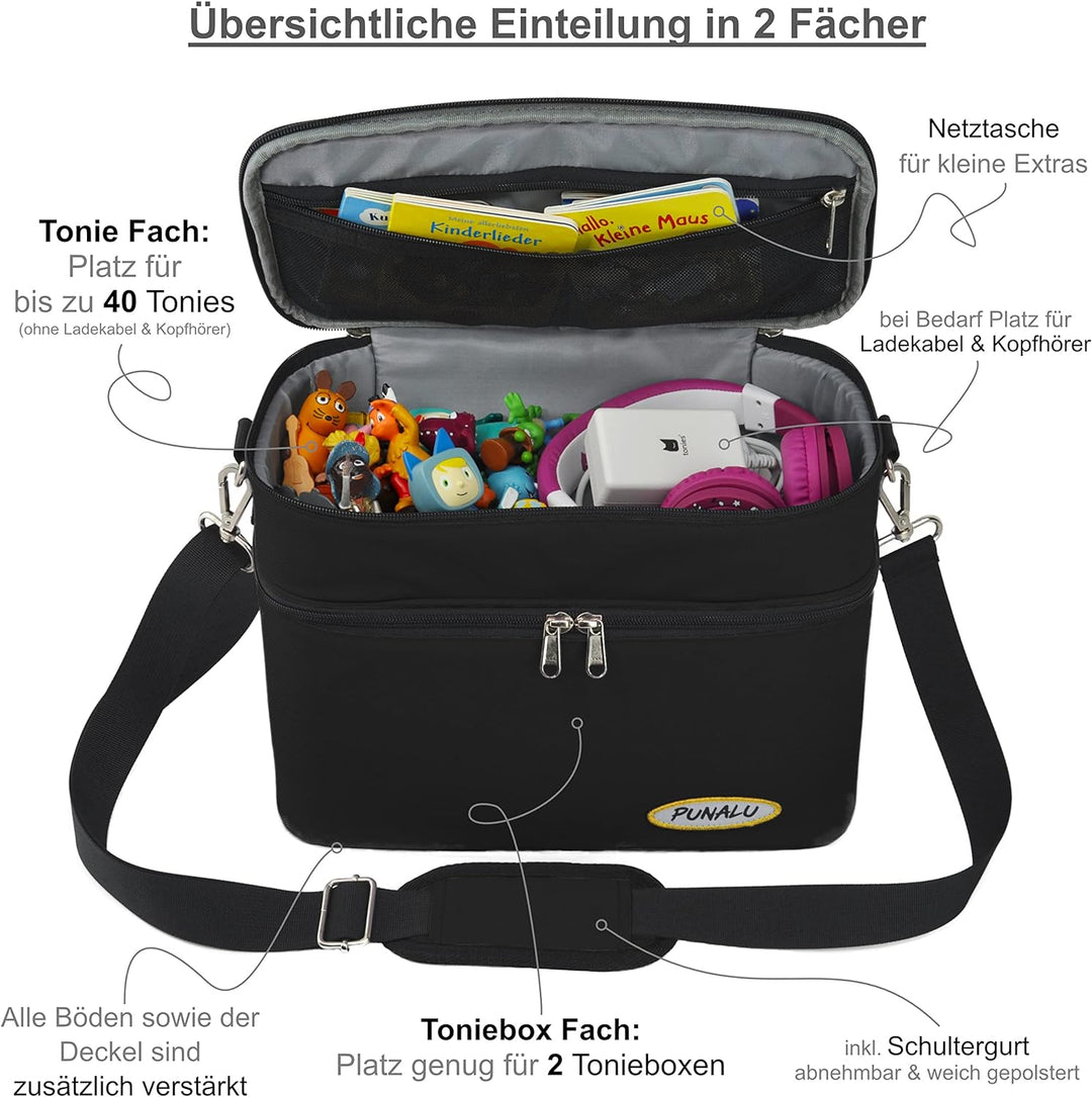 PUNALU grosse Tasche für Toniebox, Platz für 68 Tonie Hörfiguren, Toniebox Tasche (schwarz), Schwarz