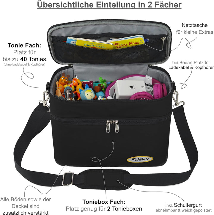 PUNALU grosse Tasche für Toniebox, Platz für 68 Tonie Hörfiguren, Toniebox Tasche (schwarz), Schwarz
