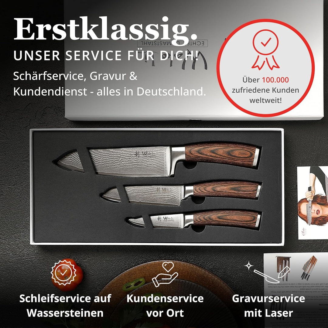 Wakoli Akazien Messerblock und 3er Damastmesser-Set mit Klingenlängen von 8,50cm bis 17,00cm extrem