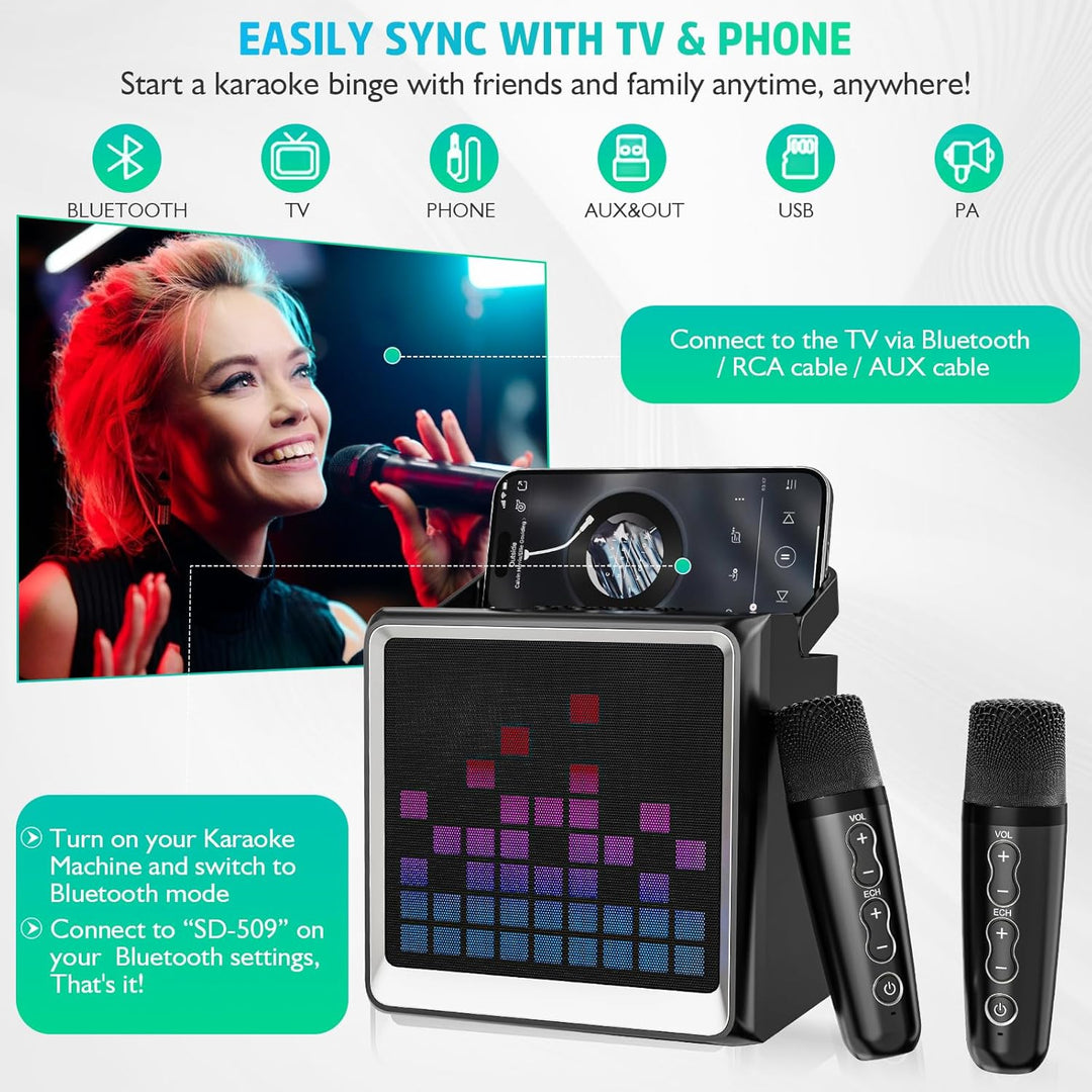 Karaoke-Maschine für Kinder und Erwachsene,tragbarer Bluetooth-Lautsprecher mit 2 drahtlosen Mikrofo