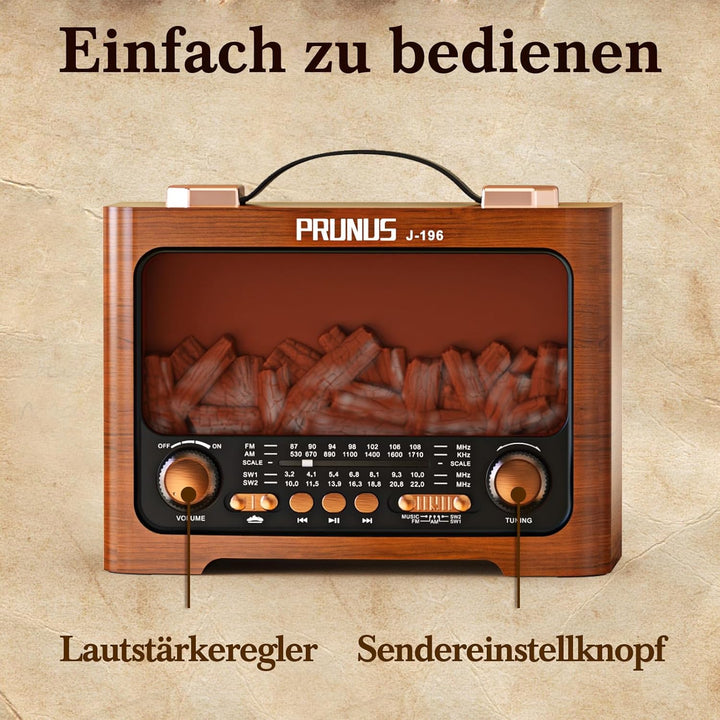 PRUNUS J-196 AM/FM/SW Retro Radio mit Bluetooth | Nostalgie Radio mit Akku 1800mAh | Transistorradio