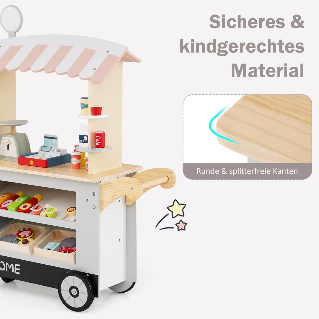 COSTWAY Kaufladen Kinder, Kaufmannsladen Holz mit 2 Ablagen, Schiebegriff & Zubehör, Einkaufsladen a