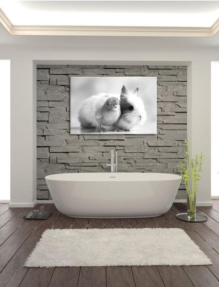 Pixxprint Küken mit Häschen / 100x70cm Leinwandbild bespannt auf Holzrahmen/Wandbild Kunstdruck Deko