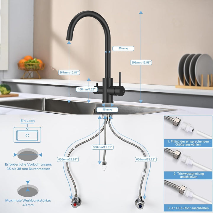 3 Wege Küchenarmatur Küche, Wasserfilter Wasserhahn für Trinkwasser Küchenspüle, Trinkwasserhahn mit