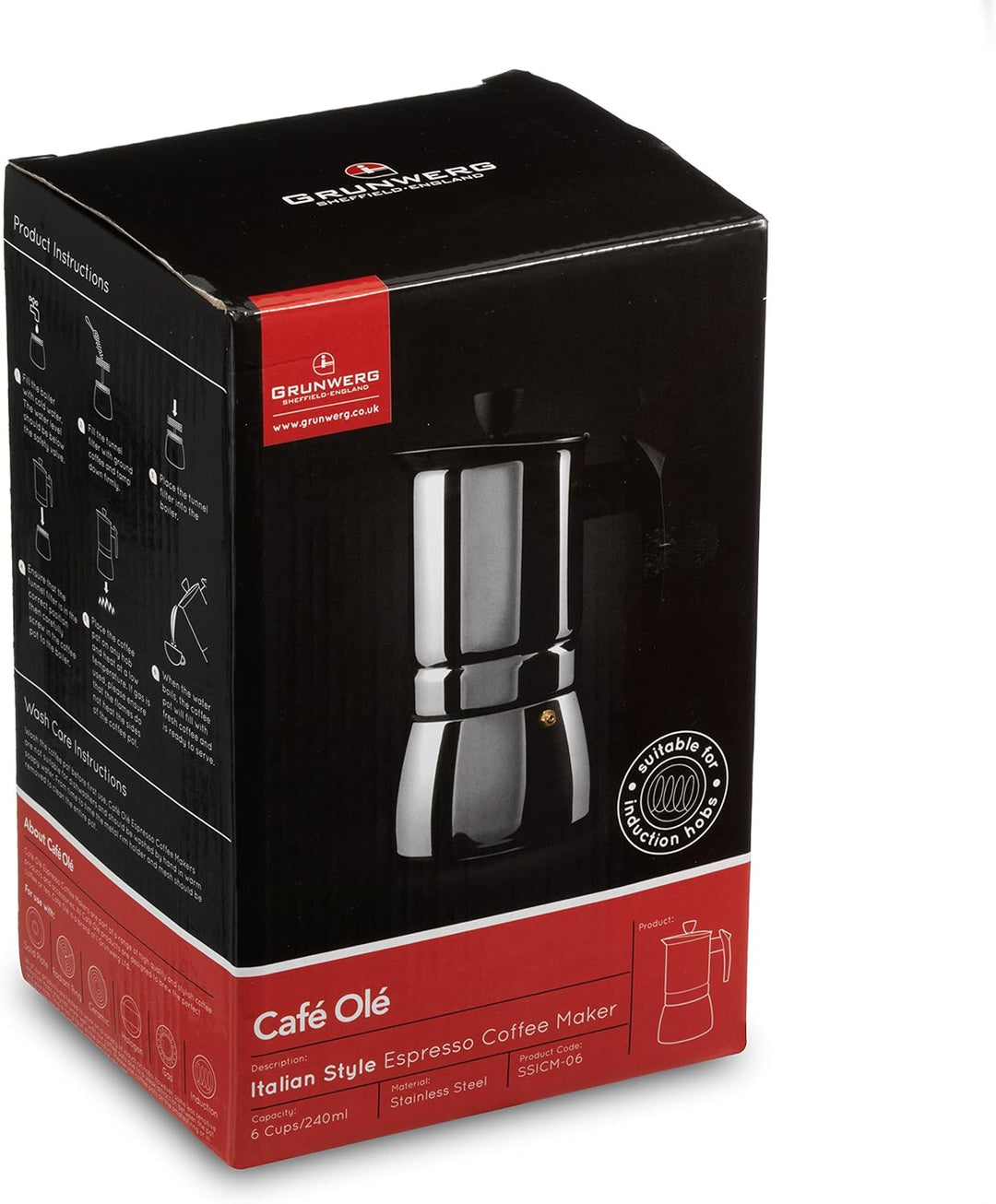 Café Ole von Grunwerg Espressokocher aus Edelstahl für 9 Tassen pro Brühvorgang, nach italienischer
