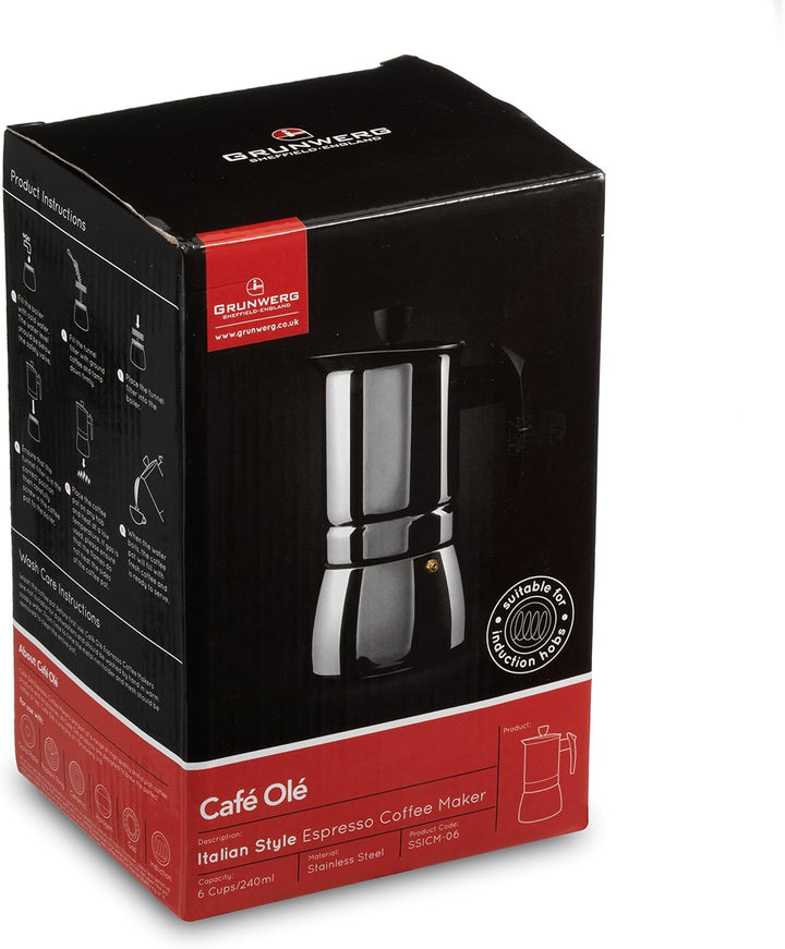 Café Ole von Grunwerg Espressokocher aus Edelstahl für 9 Tassen pro Brühvorgang, nach italienischer
