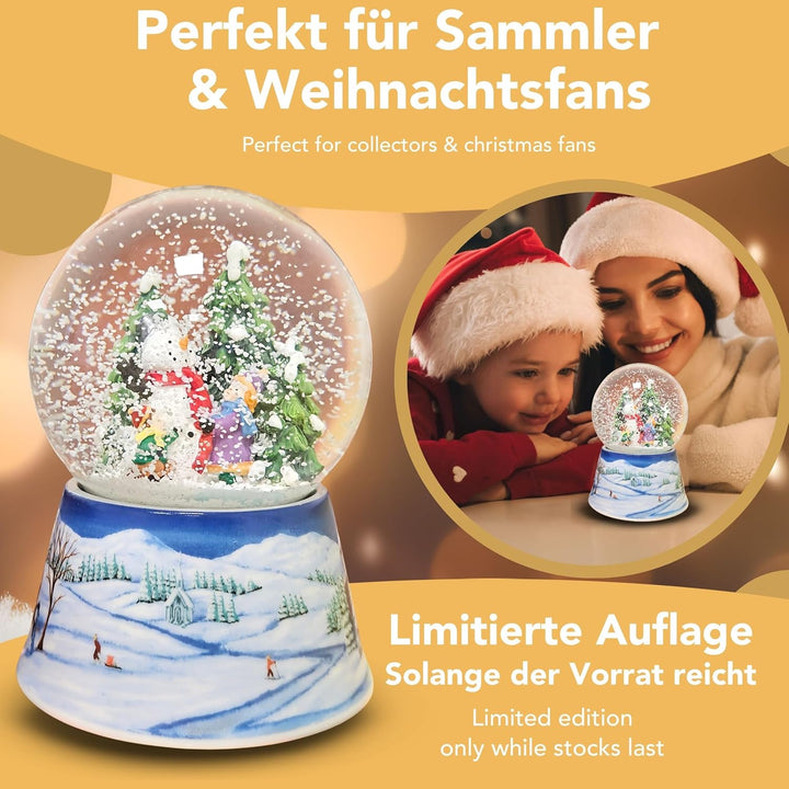 Schneekugel Weihnachten Spieluhr | 2 Kinder Bauen Schneemann | Sockel Winterlandschaft hellblau | mi