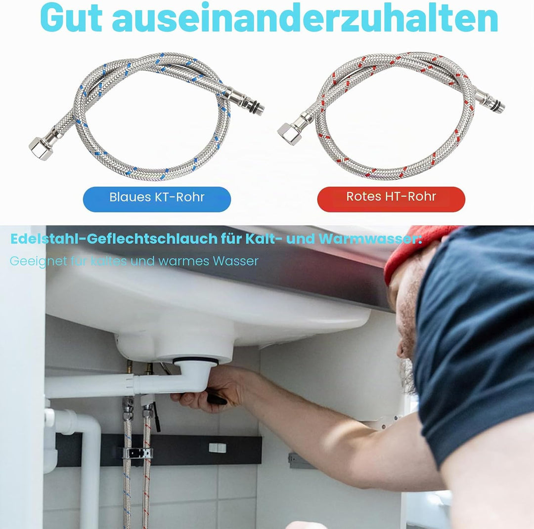 2 Stück Wasserhahn Edelstahl Panzerschlauch, Flexschlauch Schlauch 60 CM, Anschlussschlauch Armatur