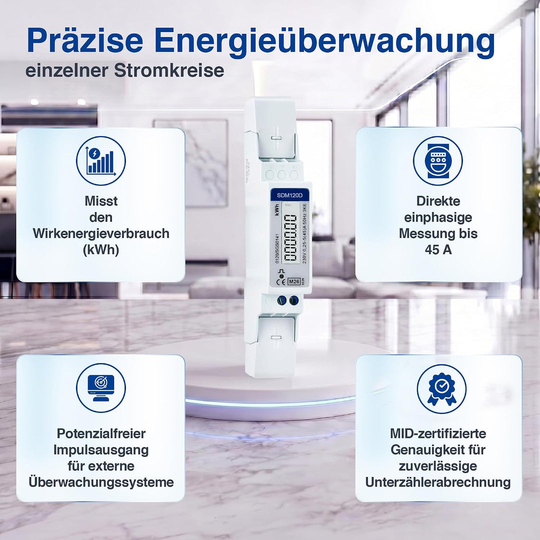 SDM120D Einphasiger 230V 0,25-5 45 Amp kWh DIN-Schiene Elektrischer AC Meter Pulsausgang 1000imp/kWh
