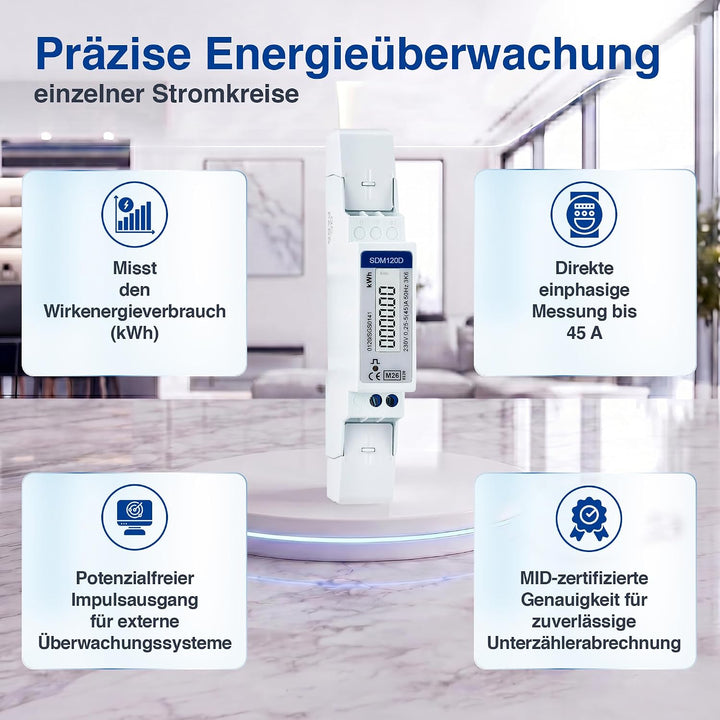 SDM120D Einphasiger 230V 0,25-5 45 Amp kWh DIN-Schiene Elektrischer AC Meter Pulsausgang 1000imp/kWh