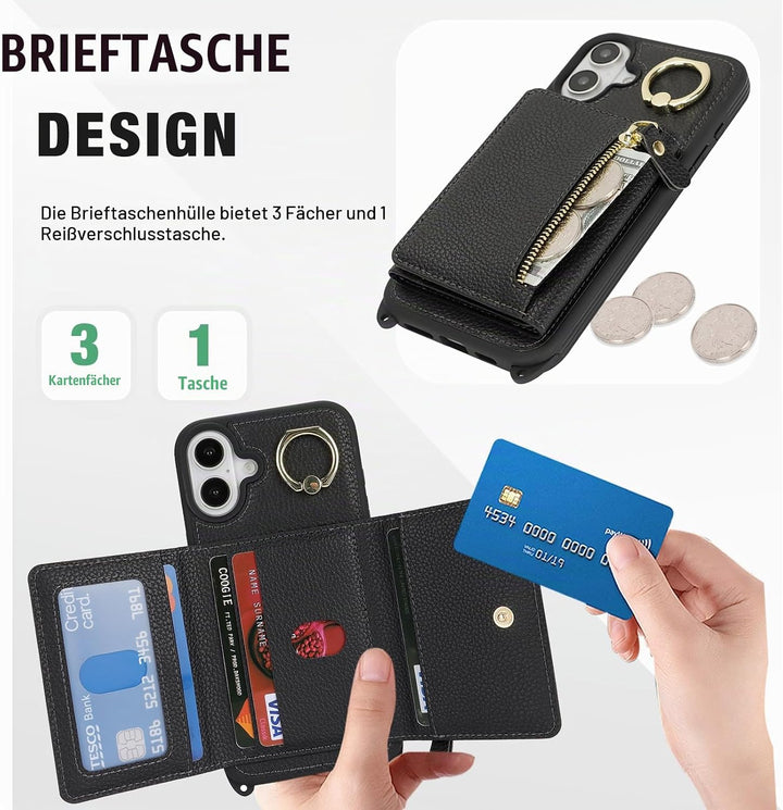 ELTEKER Handyhülle für iPhone 16 Plus Hülle mit Band Kartenfach Ringhalterung Geldbörse,Leder Klapph