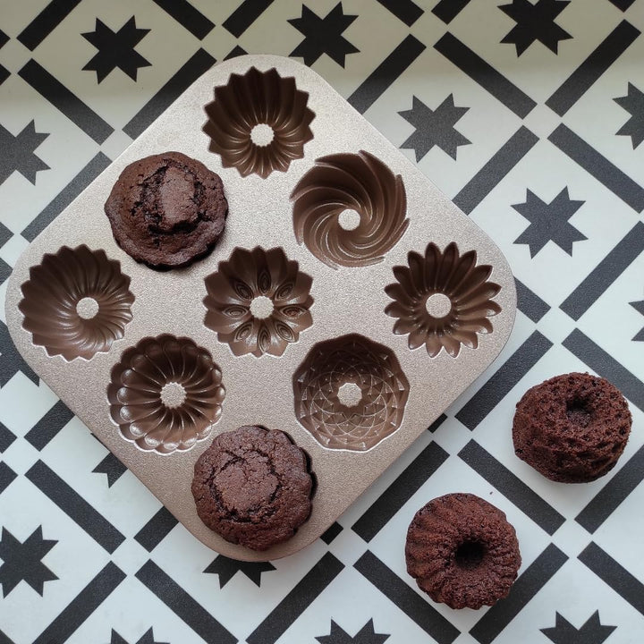 patisse 04521 – Backform für 9 Mini-Gugelhuffs, 9 Mini-Bundt Cakes, Aluminiumguss, goldfarben, 24 x