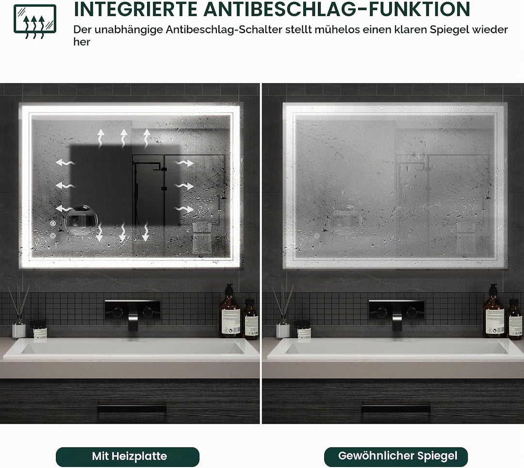 Mondeer LED Badspiegel mit Beleuchtung, 80×60 cm Wandspiegel mit Touchschalter Anti-Beschlag und 5X