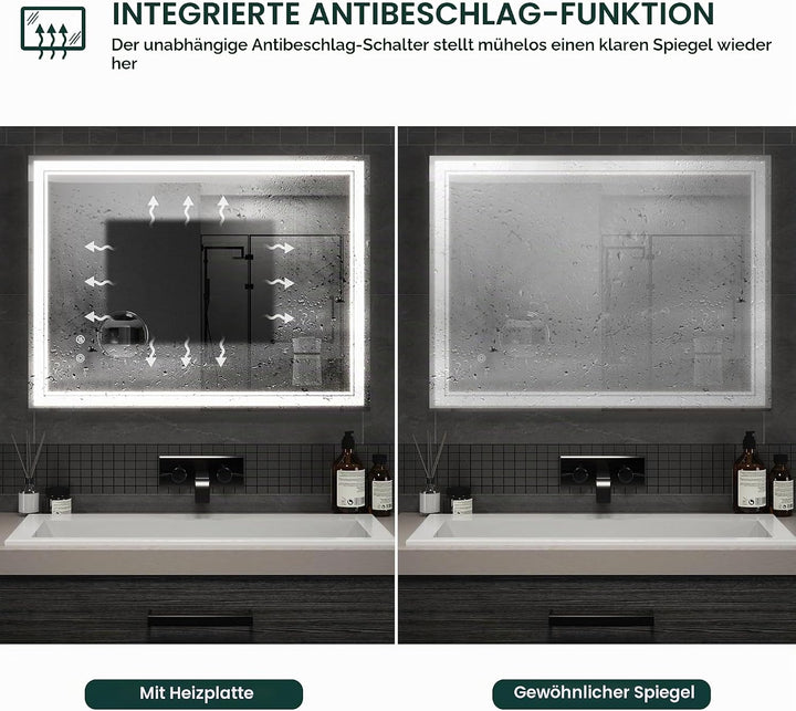 Mondeer LED Badspiegel mit Beleuchtung, 80×60 cm Wandspiegel mit Touchschalter Anti-Beschlag und 5X