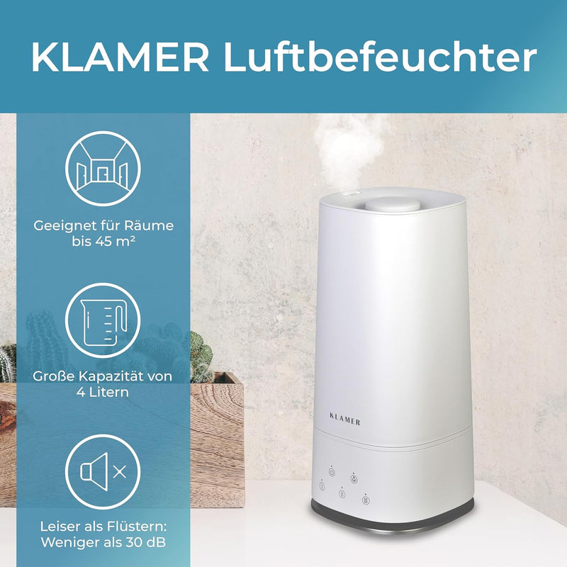 KLAMER Luftbefeuchter 4L Top Fill, Leise 30dB, 40h Laufzeit, 300 ml/h, 3 Stufen - Ideal für Büro, Sc