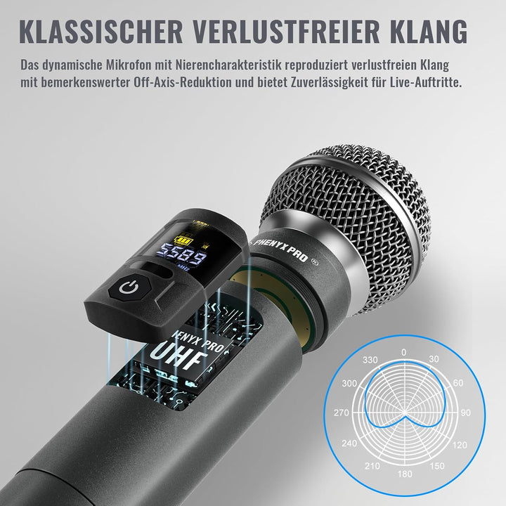 Phenyx Pro Wireless Mikrofon Set mit 4 Funkmikrofonen, 4x25 einstellbare UHF-Frequenzen, 200ft Reich