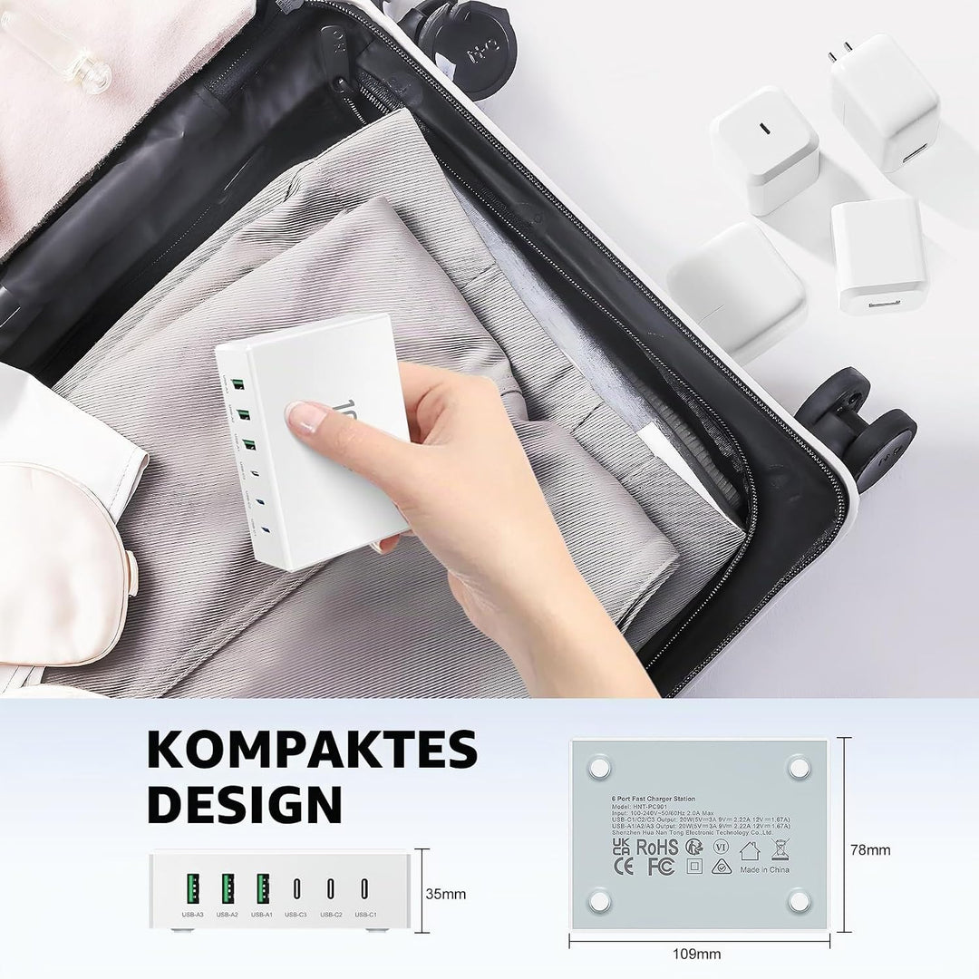 USB C Ladegerät, 100W 6-Port USB Ladegerät Mehrfach, Schnellladegerät PD 3.0, USB-C Ladestation für