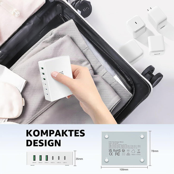 USB C Ladegerät, 100W 6-Port USB Ladegerät Mehrfach, Schnellladegerät PD 3.0, USB-C Ladestation für