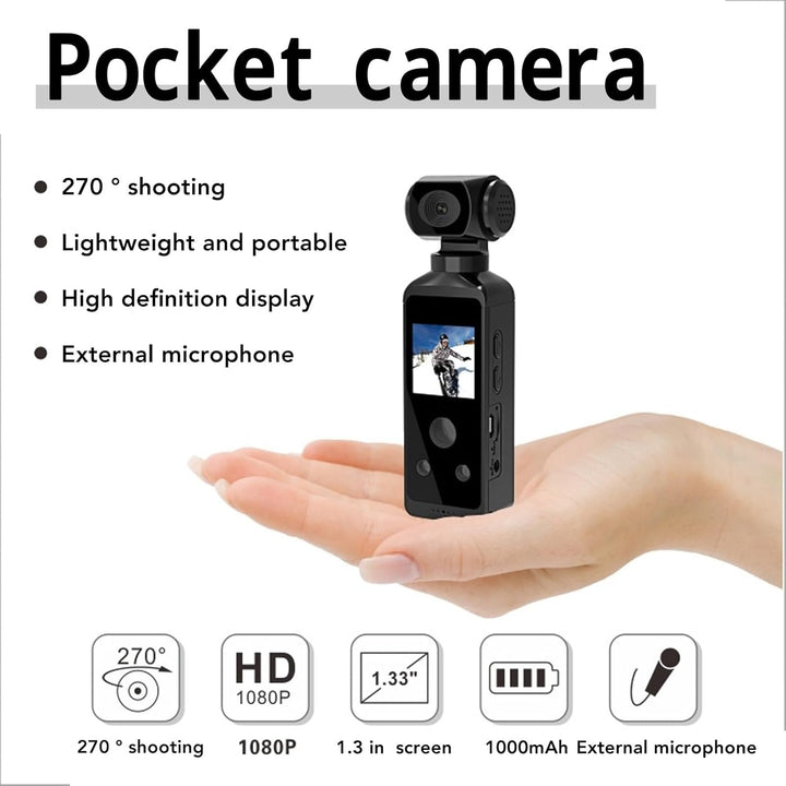 Handheld-Actionkamera, 1080P 270° Drehbare 30 M wasserdichte WiFi-Taschenkamera, mit Mikrofonclip, 1